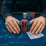 Image contrasting tournament poker profitability, featuring glowing mathematical formulas, variance distribution graphs, and a close-up of a player's hands with poker chips and cards on a blue felt table.