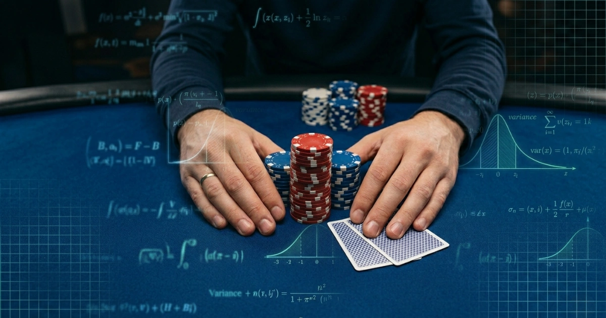Image contrasting tournament poker profitability, featuring glowing mathematical formulas, variance distribution graphs, and a close-up of a player's hands with poker chips and cards on a blue felt table.